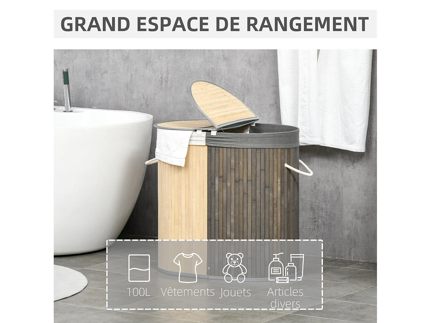 Panier à linge corbeille à linge bac à linge 100 L 2 compartiments couvercle sac amovible 2 poignées tissu bambou