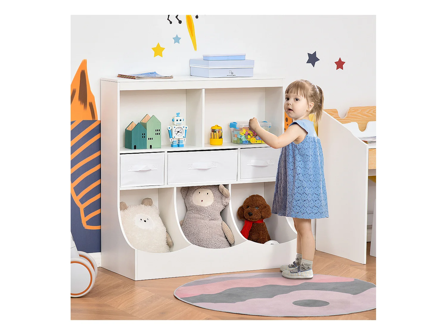 Meuble de rangement jouets enfant étagère de jouet pour chambre d'enfant 5 casiers 3 tiroirs non tissé MDF blanc