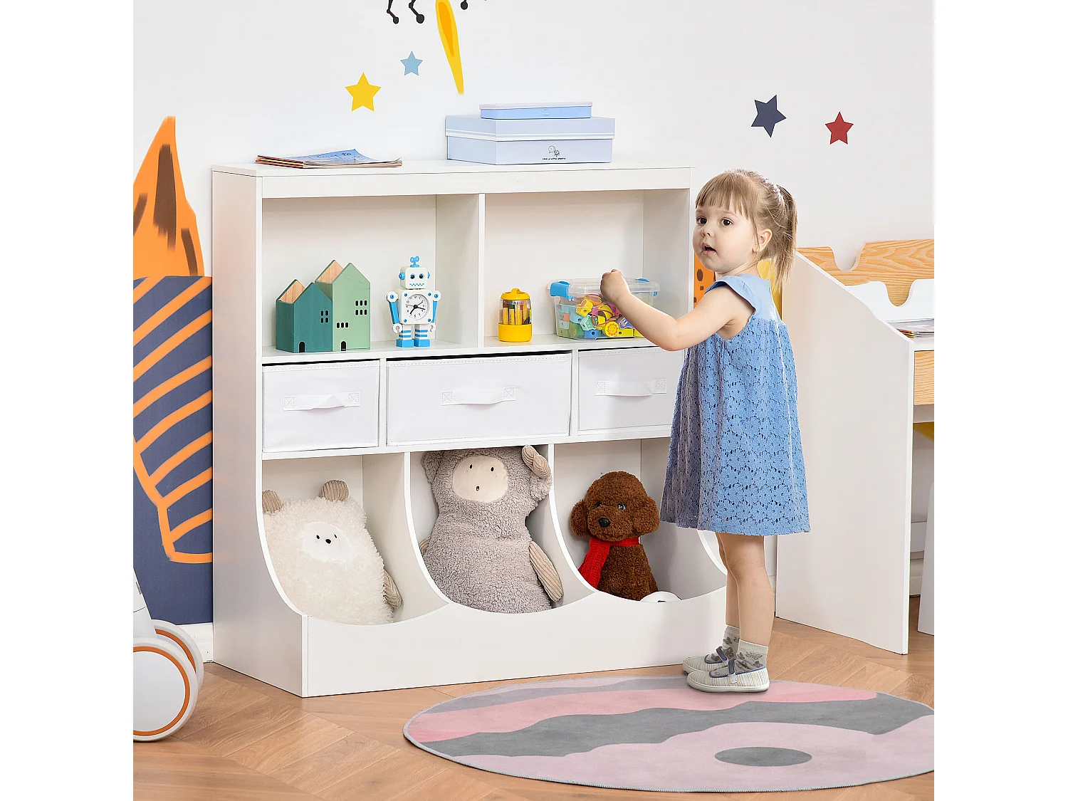 Meuble de rangement jouets enfant étagère de jouet pour chambre d'enfant 5 casiers 3 tiroirs non tissé MDF blanc
