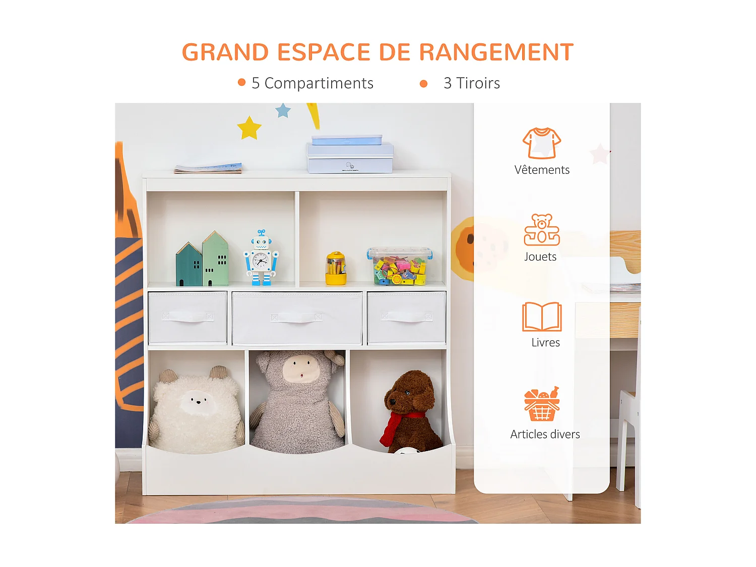 Meuble de rangement jouets enfant étagère de jouet pour chambre d'enfant 5 casiers 3 tiroirs non tissé MDF blanc