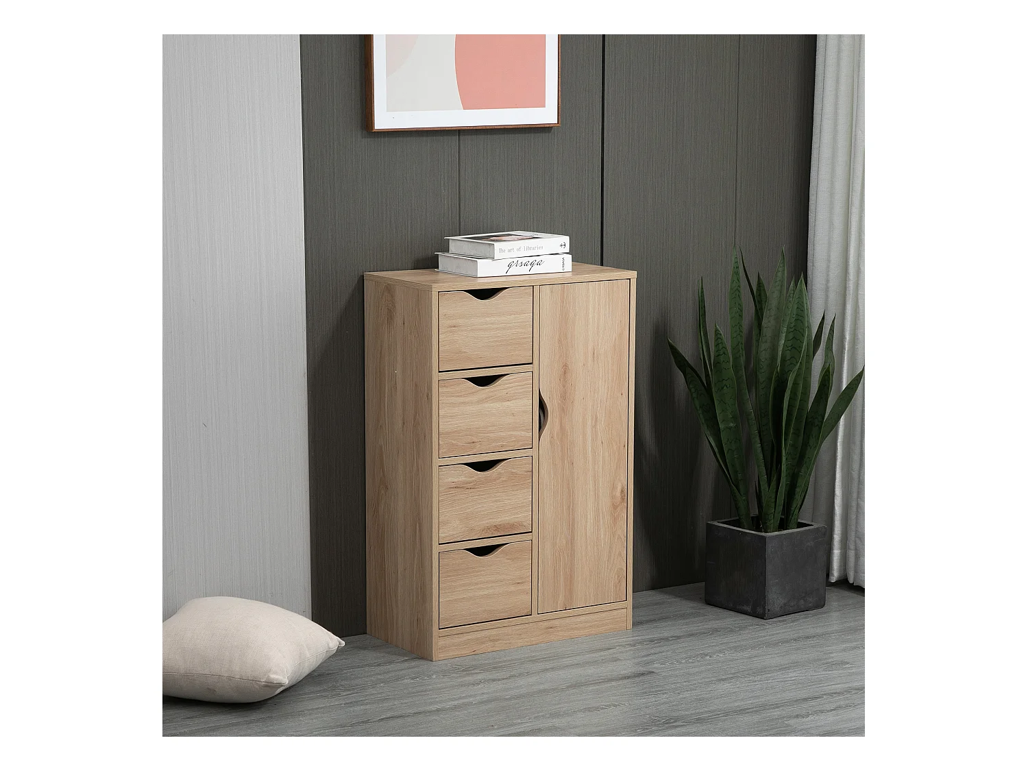 Meuble de rangement moderne 1 porte 4 tiroirs - panneaux particules aspect chêne clair