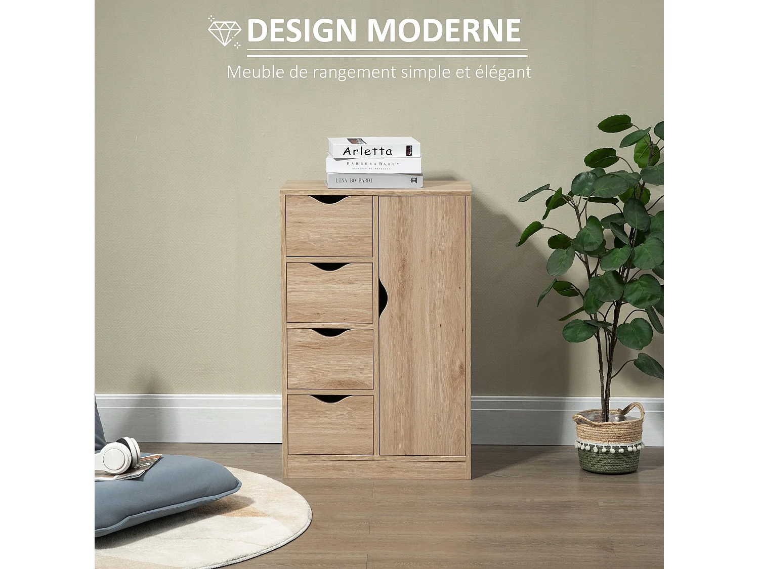 Meuble de rangement moderne 1 porte 4 tiroirs - panneaux particules aspect chêne clair