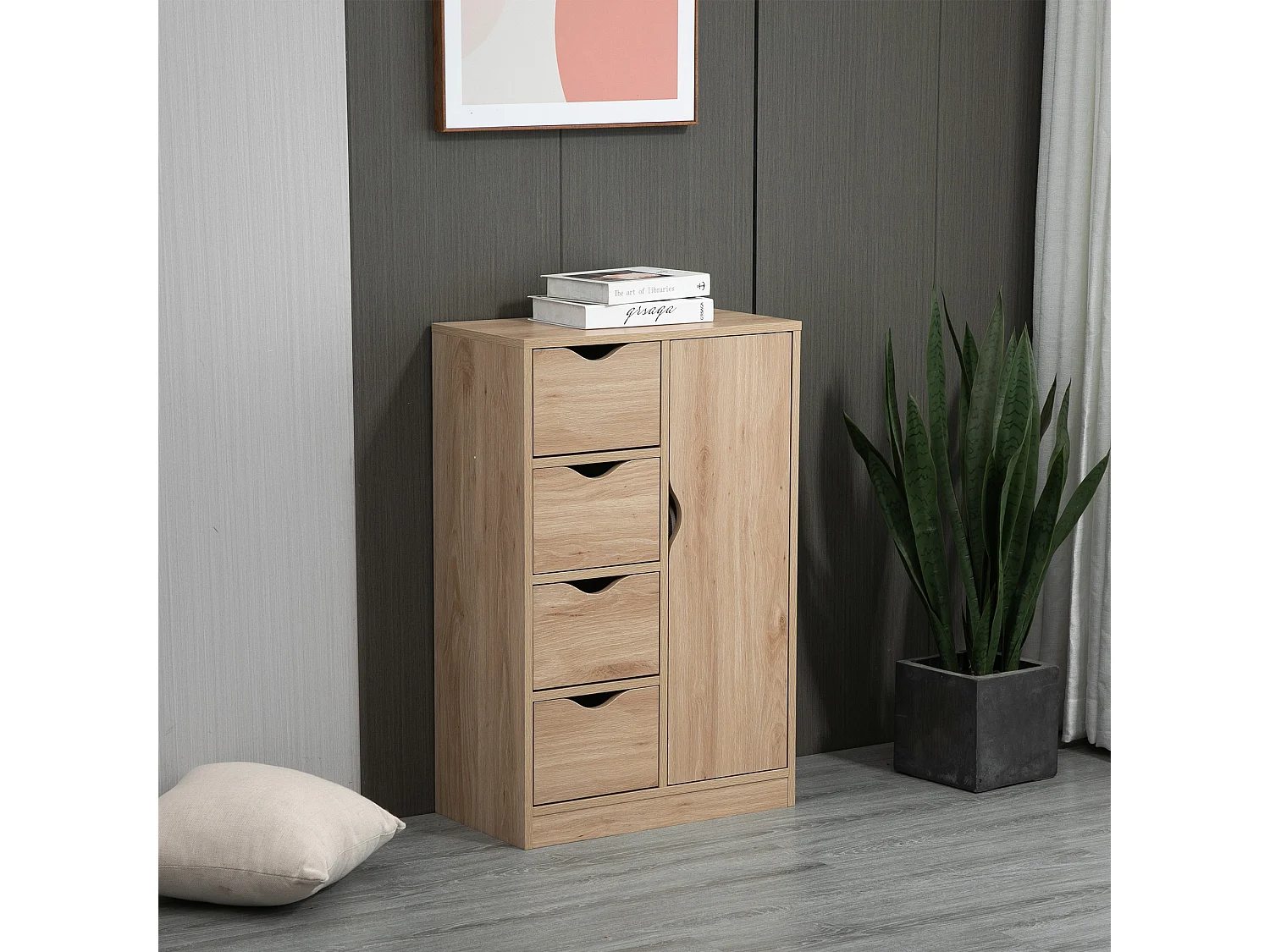 Meuble de rangement moderne 1 porte 4 tiroirs - panneaux particules aspect chêne clair