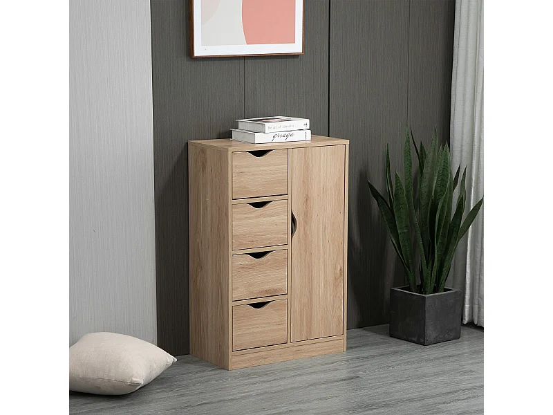 Meuble de rangement moderne 1 porte 4 tiroirs - panneaux particules aspect chêne clair