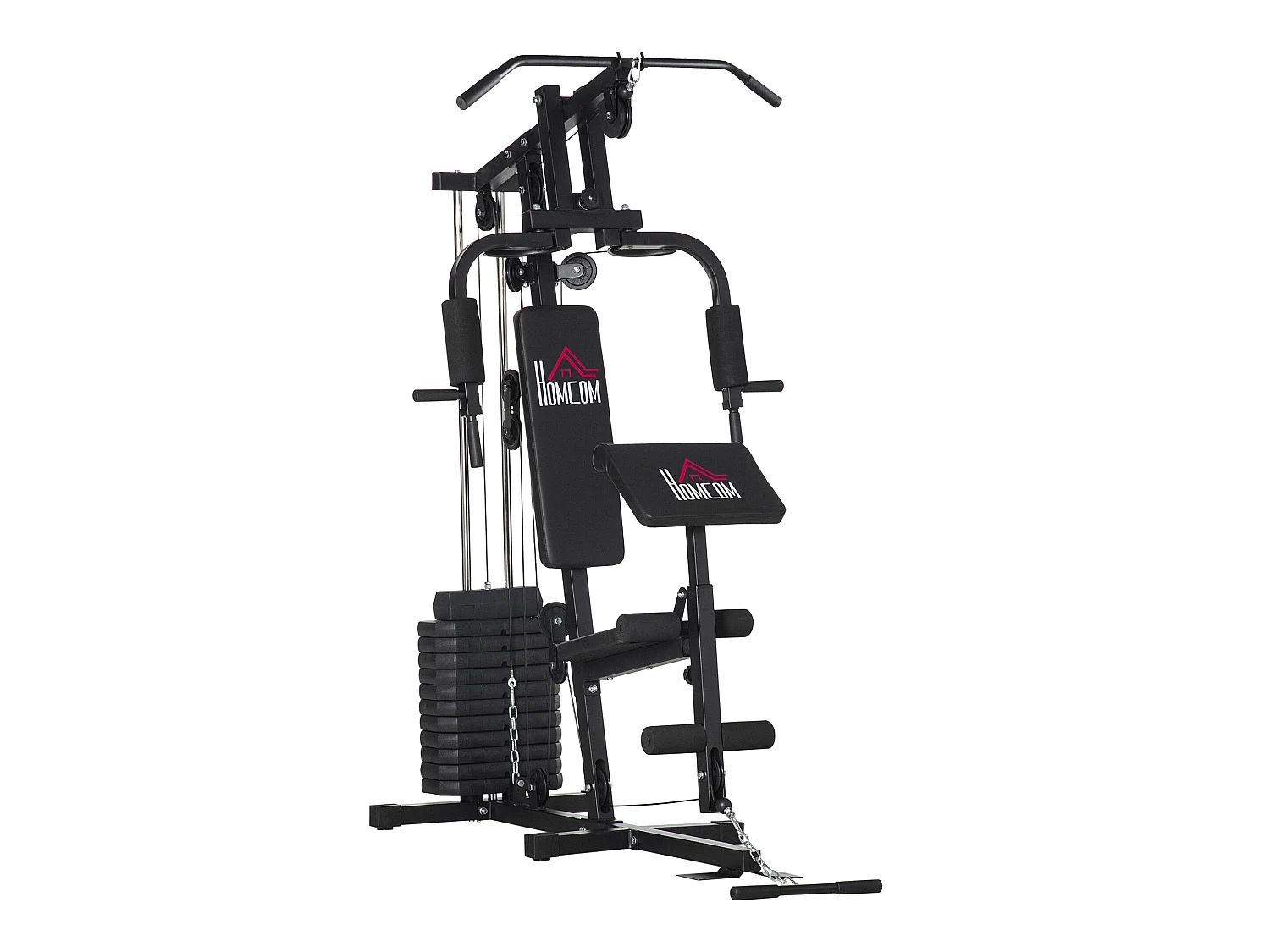 Station de musculation - entrainement complet - développé couché, butterfly, barre latissimus, curler, bande résistance - 11 contrepoids - acier noir