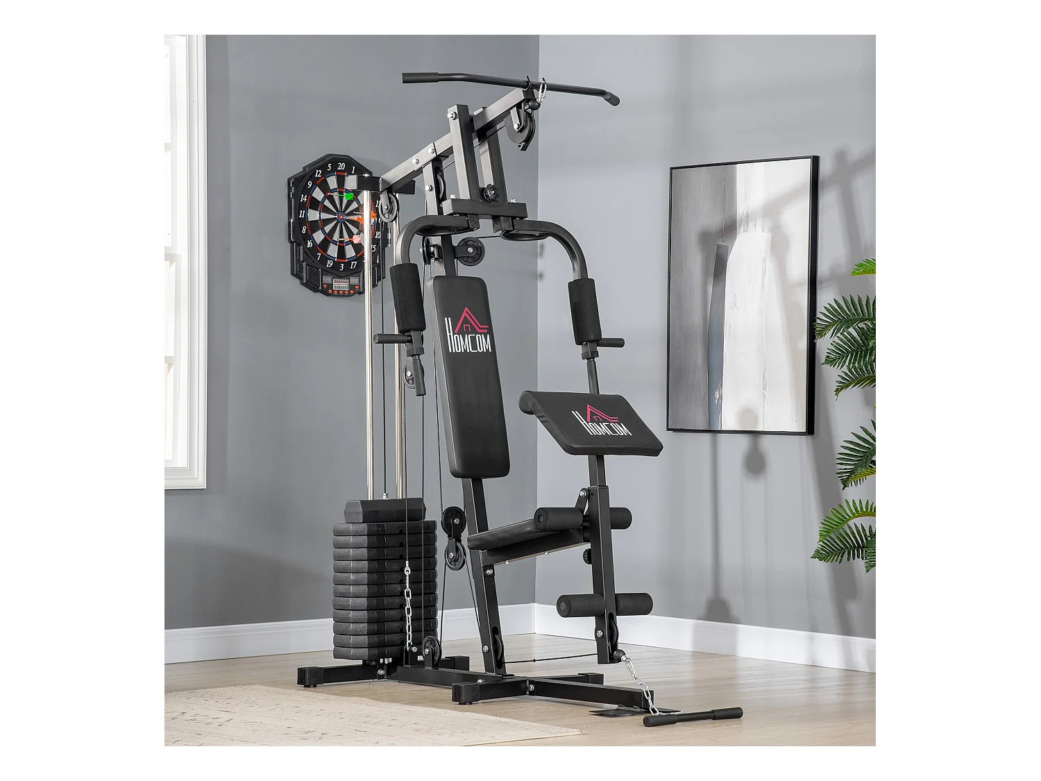 Station de musculation - entrainement complet - développé couché, butterfly, barre latissimus, curler, bande résistance - 11 contrepoids - acier noir