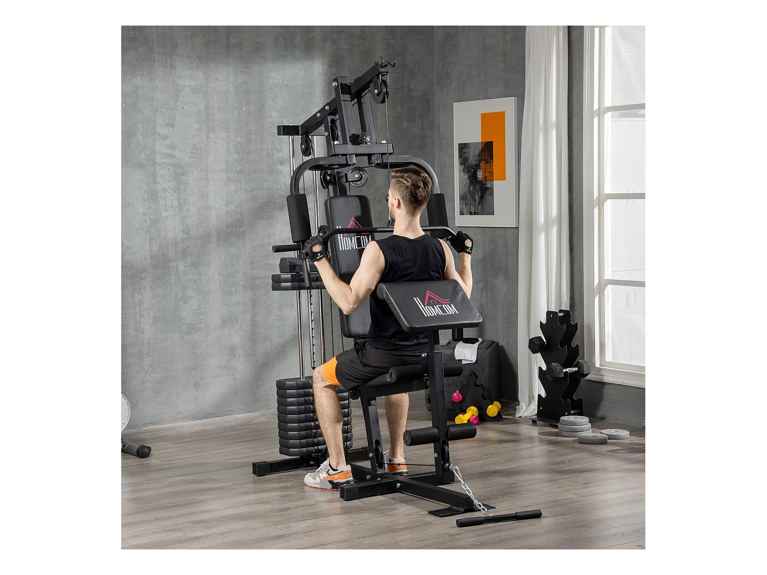 Station de musculation - entrainement complet - développé couché, butterfly, barre latissimus, curler, bande résistance - 11 contrepoids - acier noir