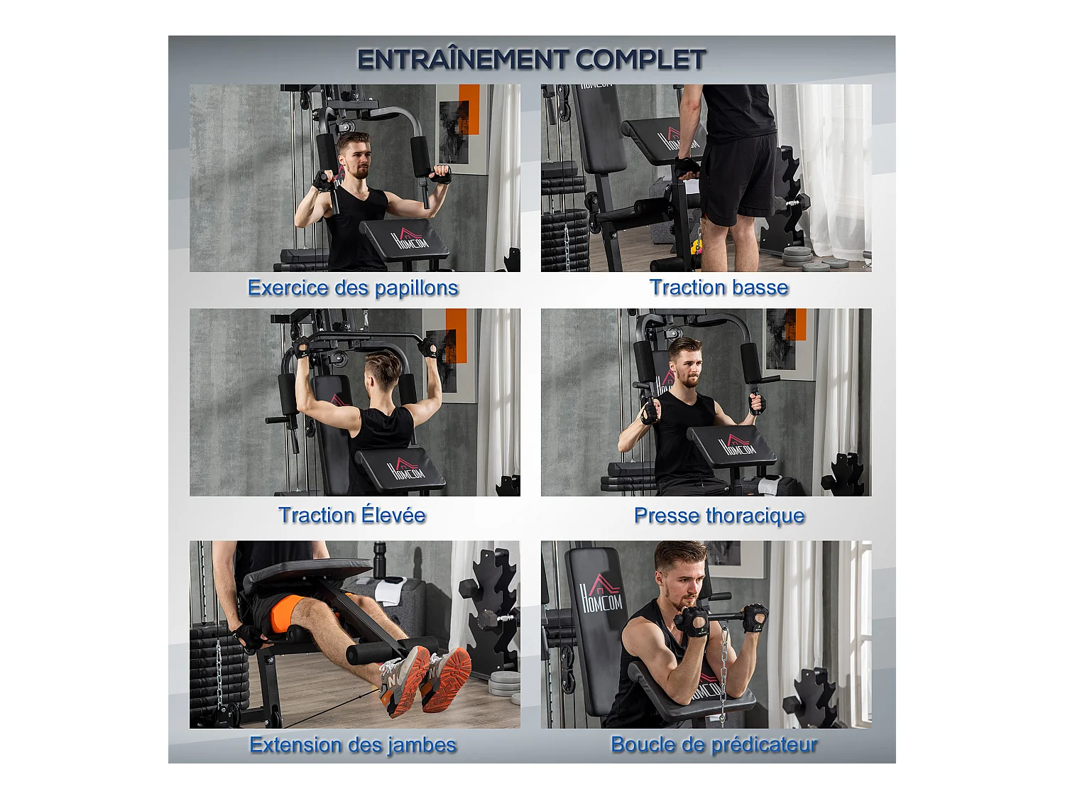 Station de musculation - entrainement complet - développé couché, butterfly, barre latissimus, curler, bande résistance - 11 contrepoids - acier noir