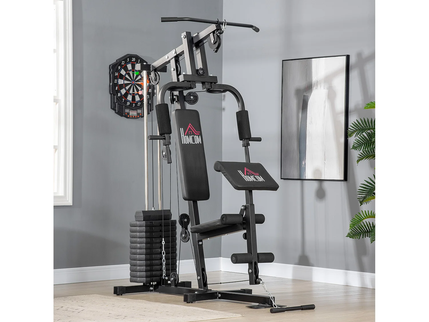 Station de musculation - entrainement complet - développé couché, butterfly, barre latissimus, curler, bande résistance - 11 contrepoids - acier noir