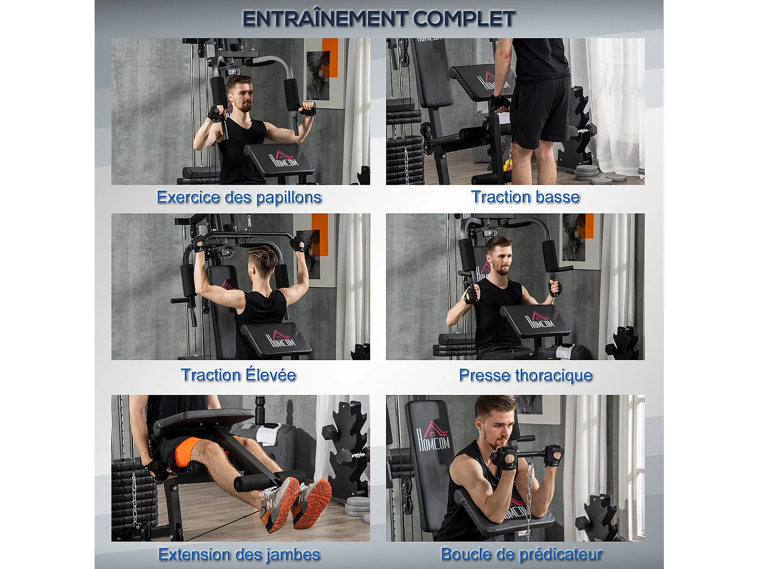 Station de musculation - entrainement complet - développé couché, butterfly, barre latissimus, curler, bande résistance - 11 contrepoids - acier noir