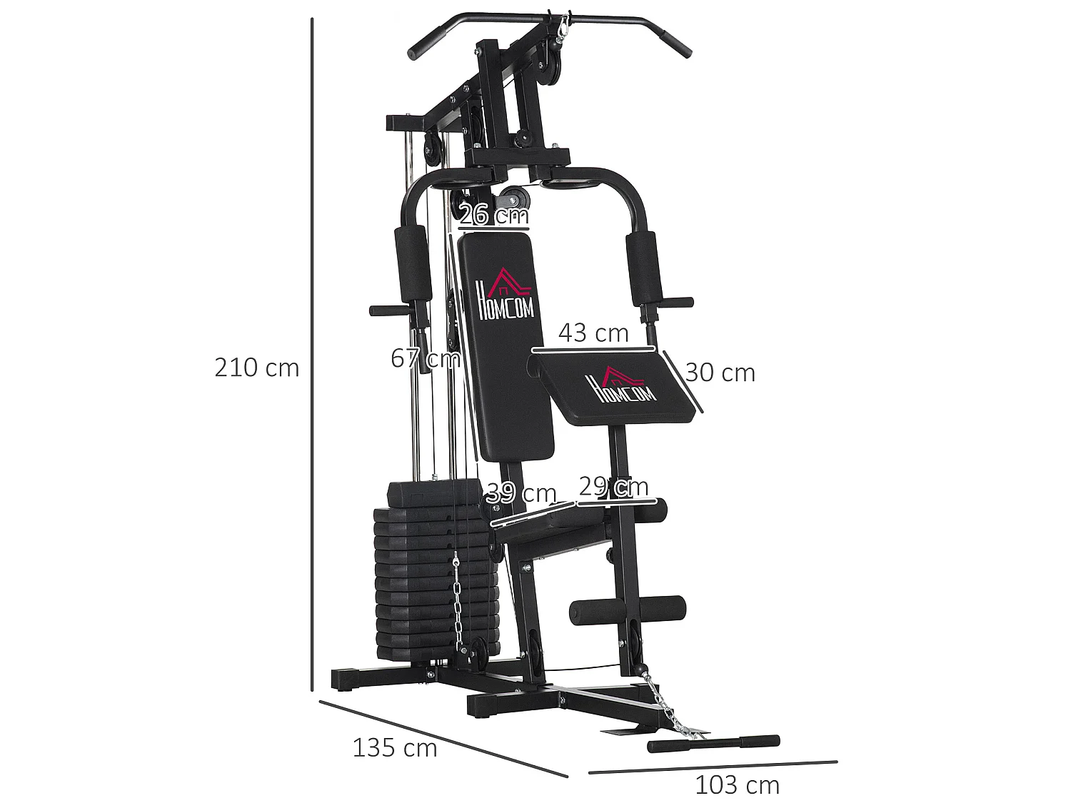 Station de musculation - entrainement complet - développé couché, butterfly, barre latissimus, curler, bande résistance - 11 contrepoids - acier noir
