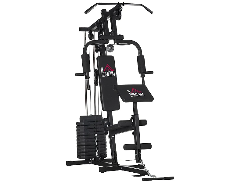 Station de musculation - entrainement complet - développé couché, butterfly, barre latissimus, curler, bande résistance - 11 contrepoids - acier noir