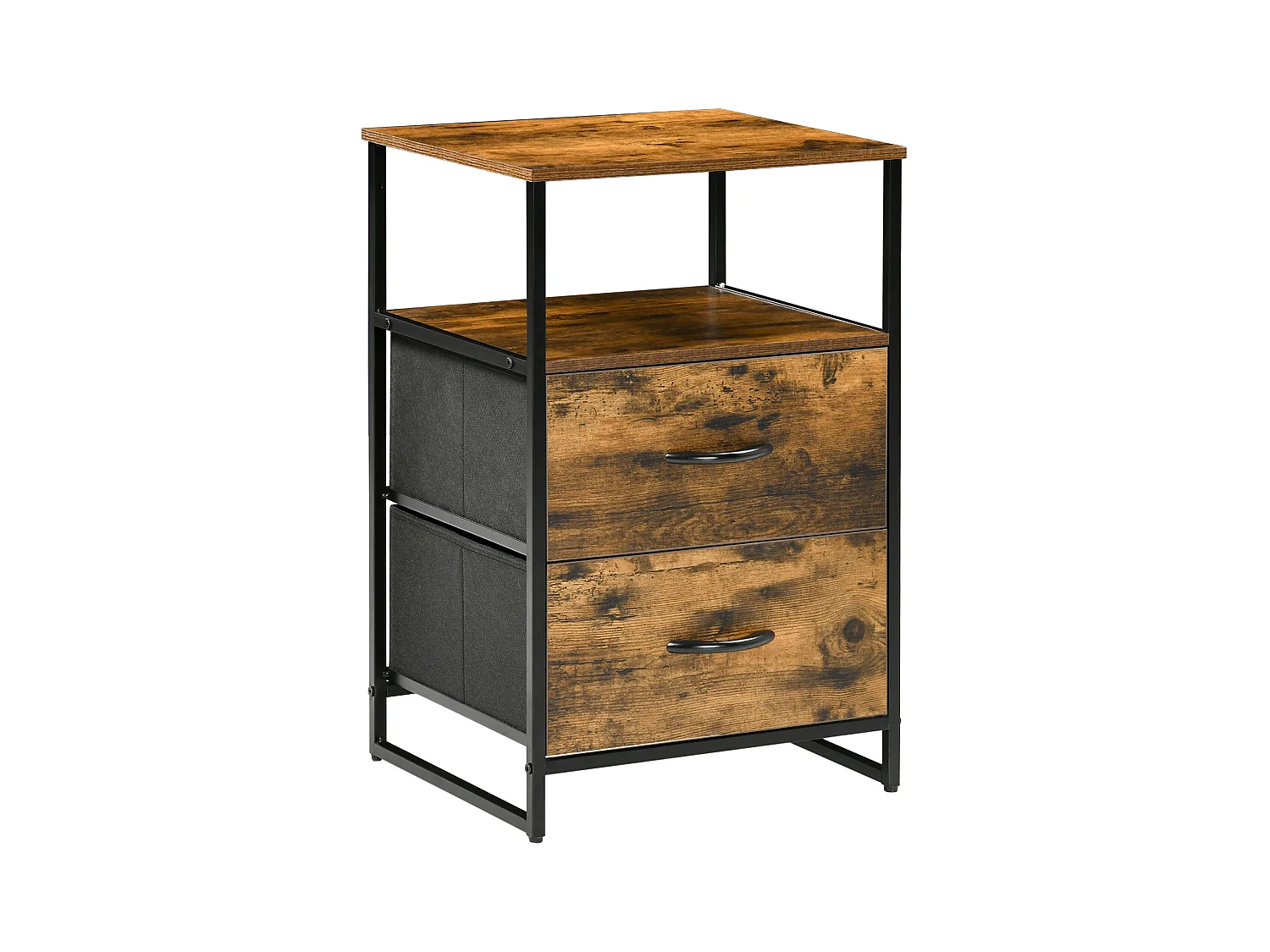 Chiffonnier design industriel - 2 tiroirs, niche, plateau - châssis acier noir MDF aspect bois avec veinage