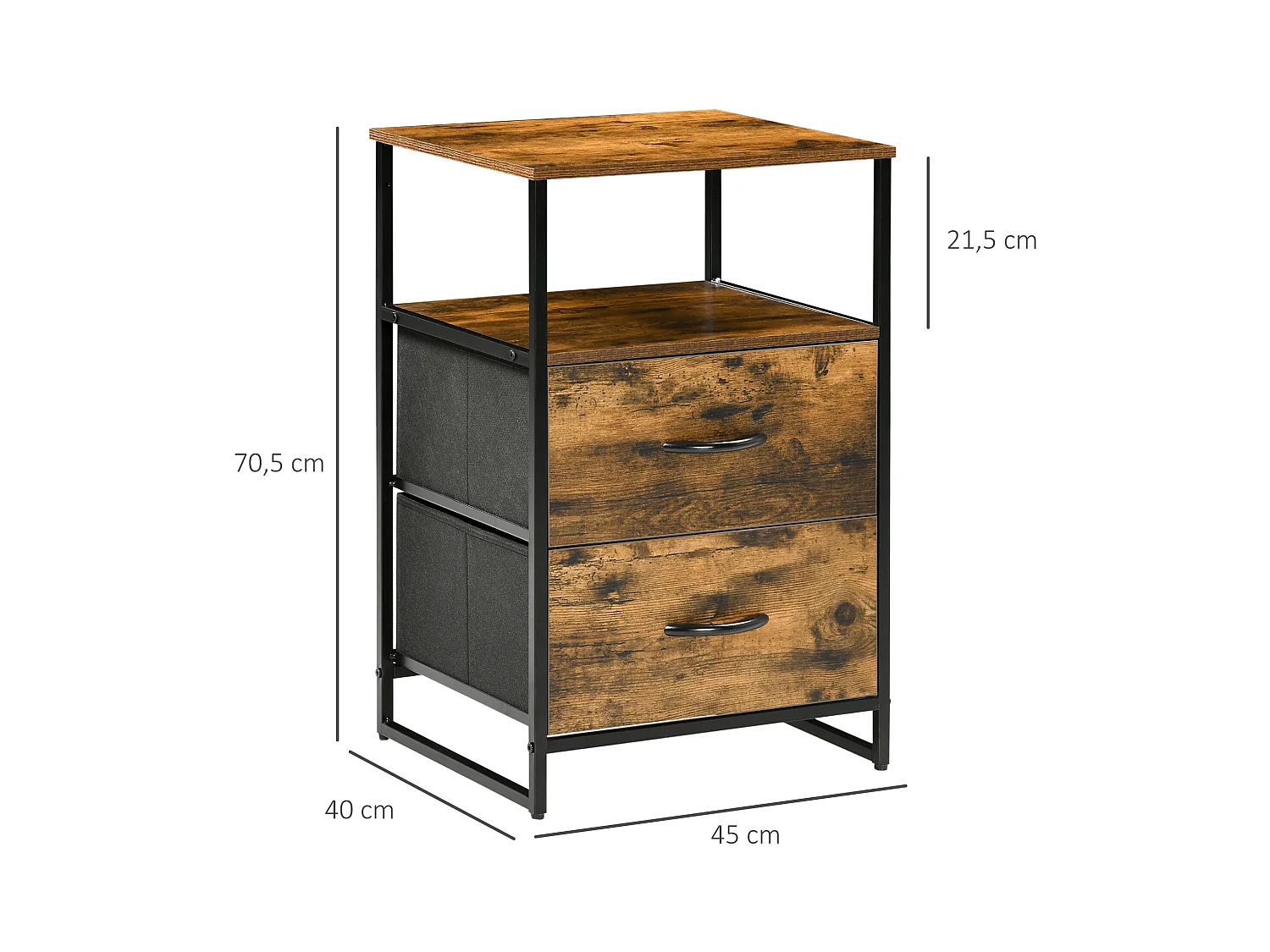 Chiffonnier design industriel - 2 tiroirs, niche, plateau - châssis acier noir MDF aspect bois avec veinage