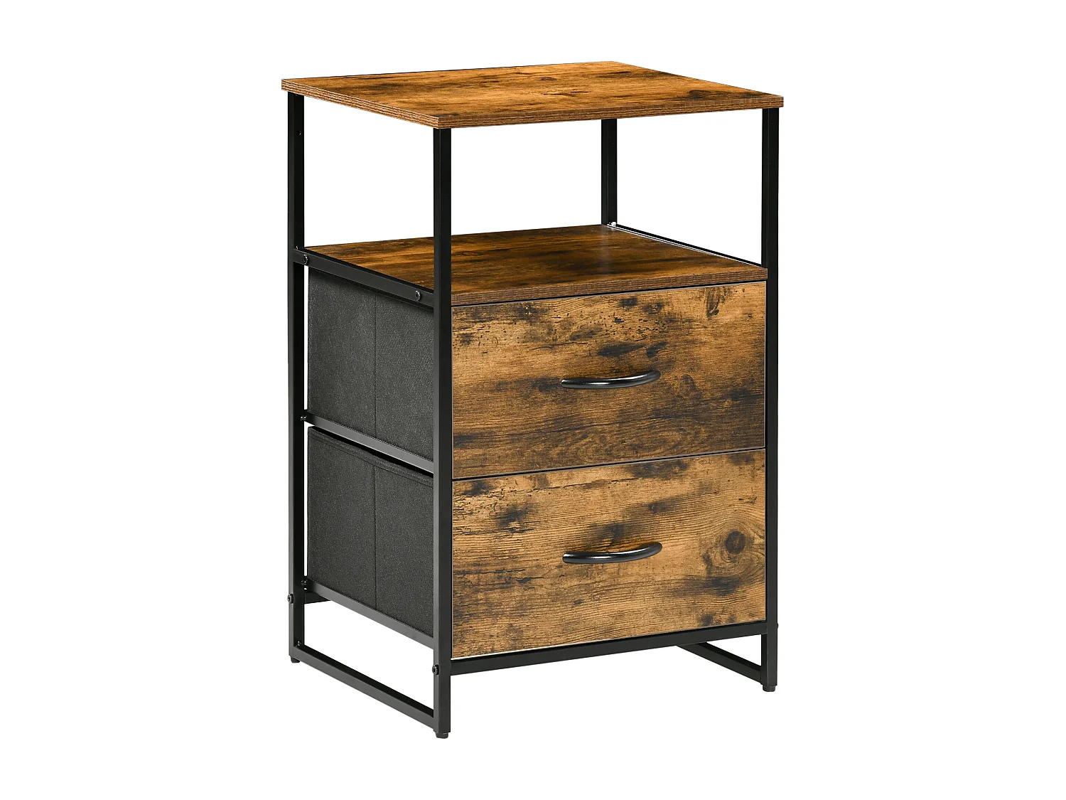 Chiffonnier design industriel - 2 tiroirs, niche, plateau - châssis acier noir MDF aspect bois avec veinage