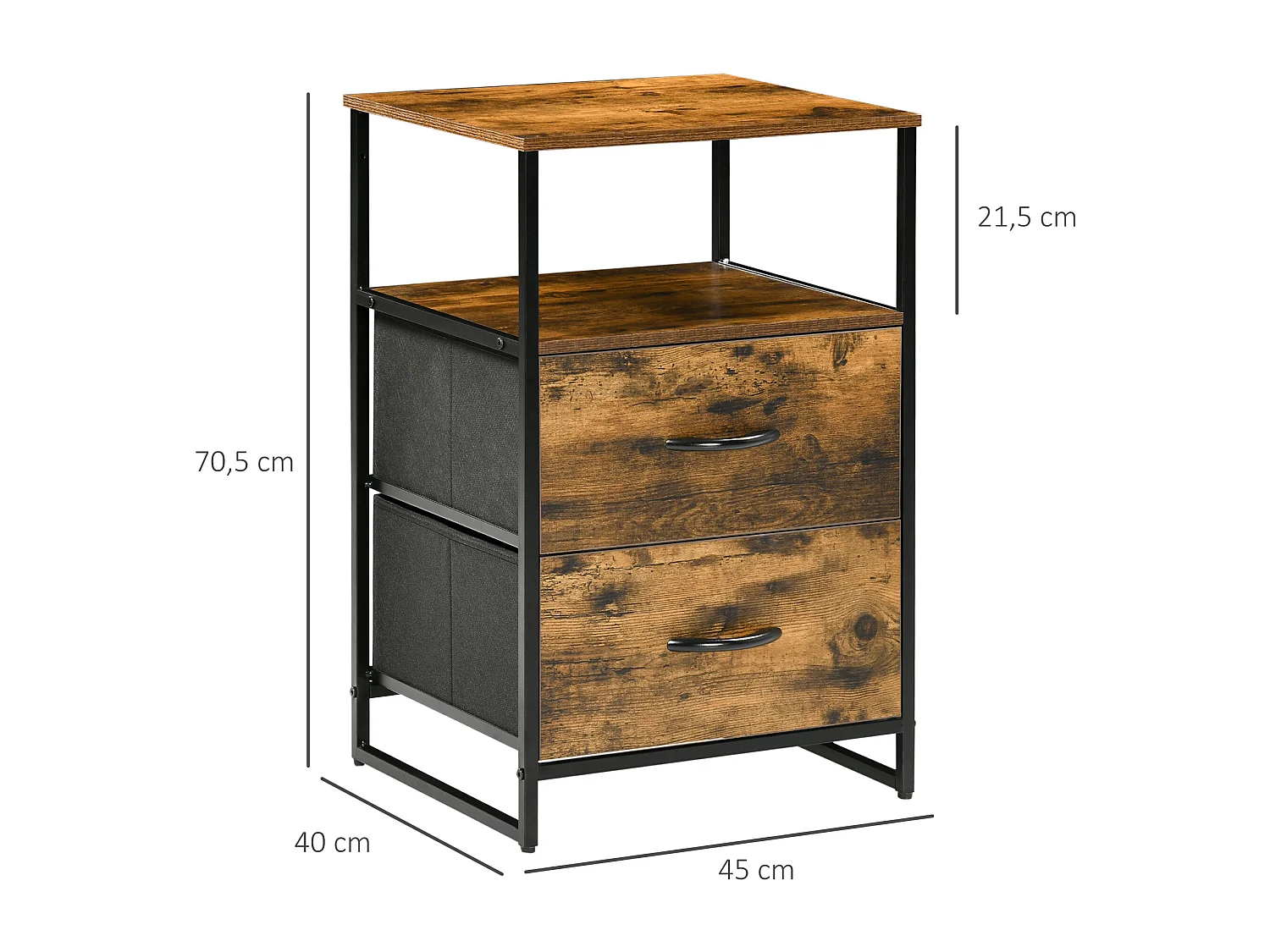 Chiffonnier design industriel - 2 tiroirs, niche, plateau - châssis acier noir MDF aspect bois avec veinage
