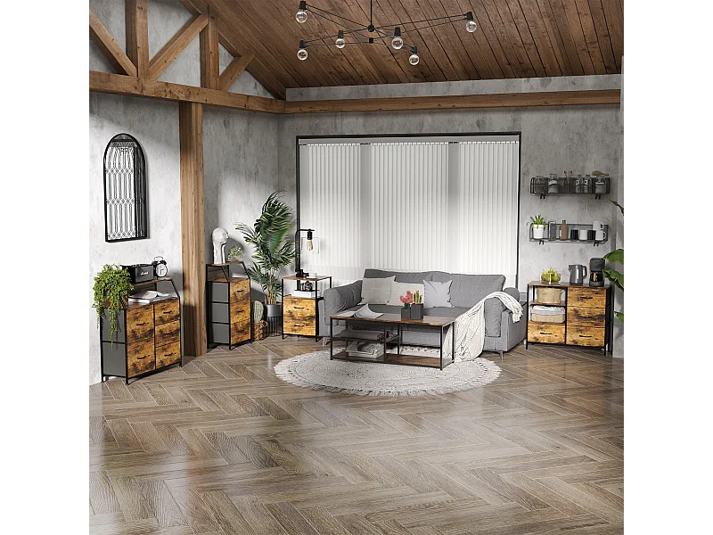 Chiffonnier design industriel - 2 tiroirs, niche, plateau - châssis acier noir MDF aspect bois avec veinage