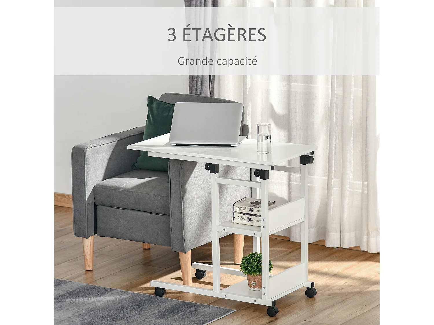 Table de lit/fauteuil - table roulante - hauteur réglable - 2 étagères intégrées - panneaux particules E1 aspect bois métal blanc