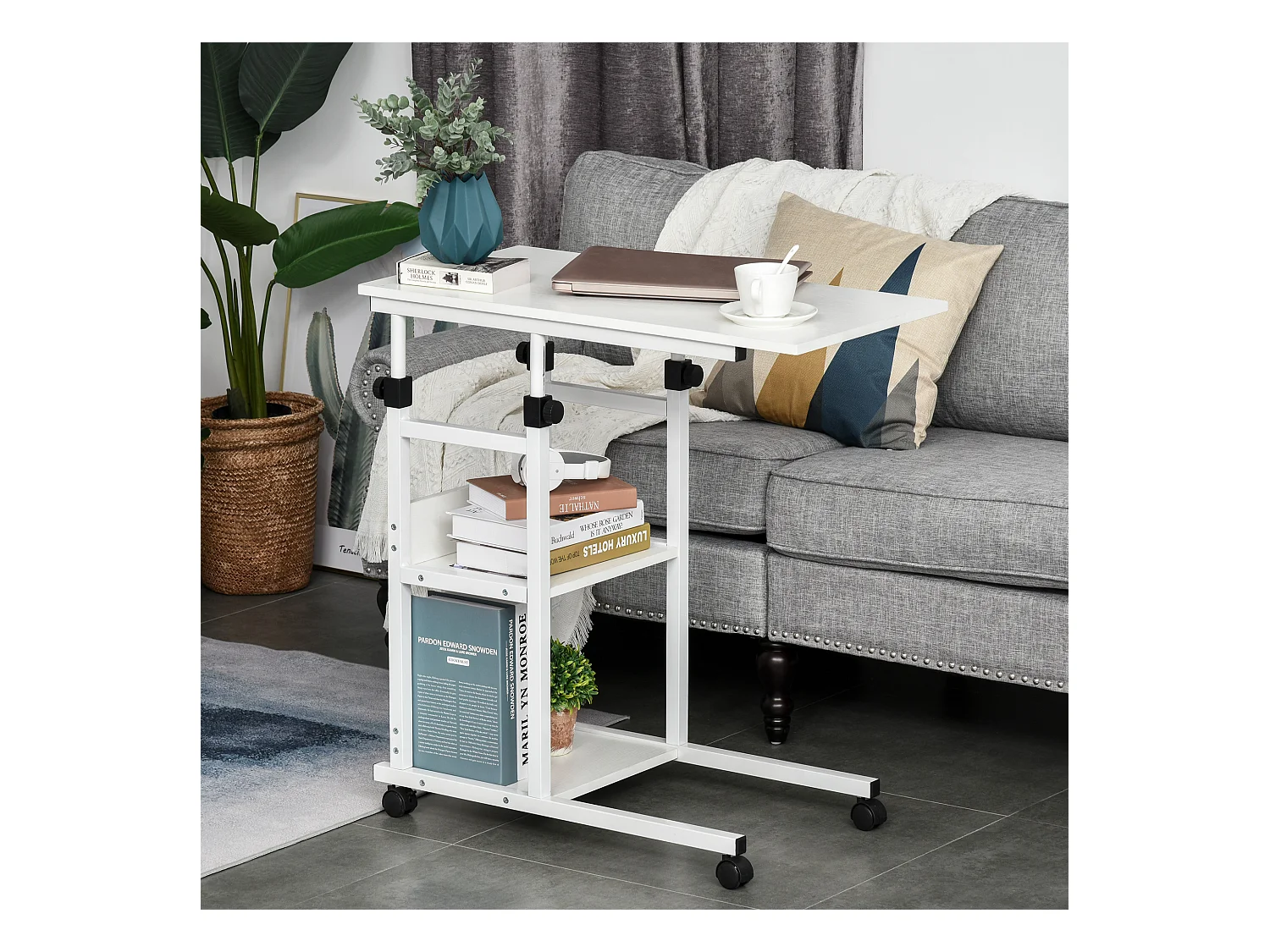 Table de lit/fauteuil - table roulante - hauteur réglable - 2 étagères intégrées - panneaux particules E1 aspect bois métal blanc
