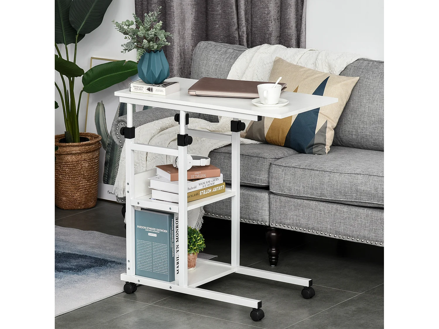 Table de lit/fauteuil - table roulante - hauteur réglable - 2 étagères intégrées - panneaux particules E1 aspect bois métal blanc