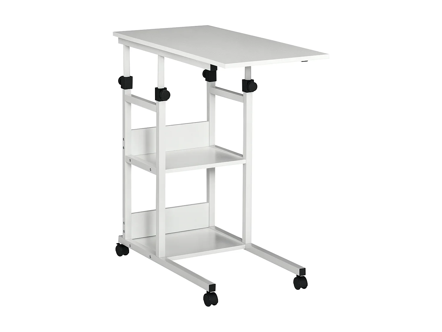 Table de lit/fauteuil - table roulante - hauteur réglable - 2 étagères intégrées - panneaux particules E1 aspect bois métal blanc