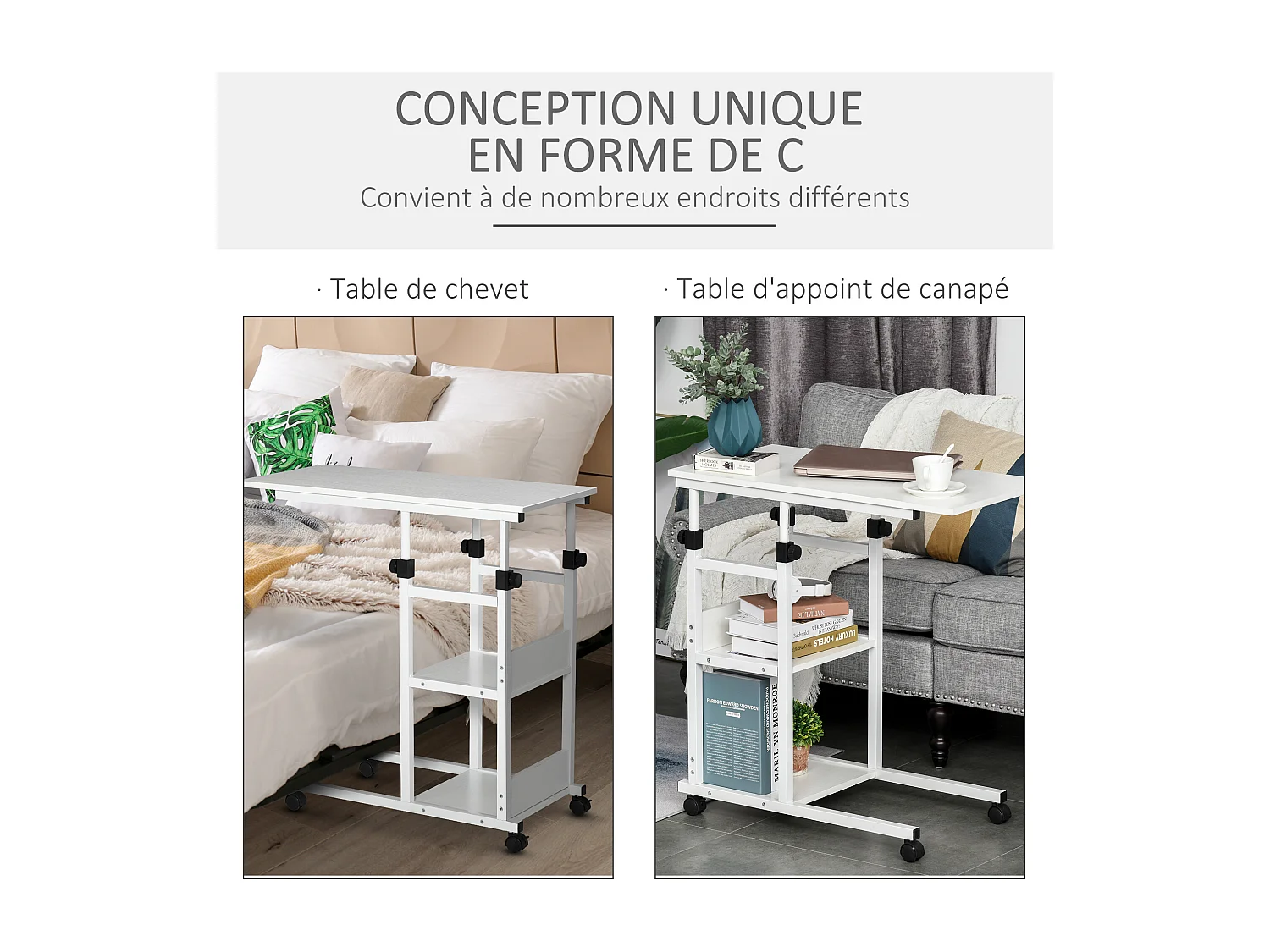 Table de lit/fauteuil - table roulante - hauteur réglable - 2 étagères intégrées - panneaux particules E1 aspect bois métal blanc