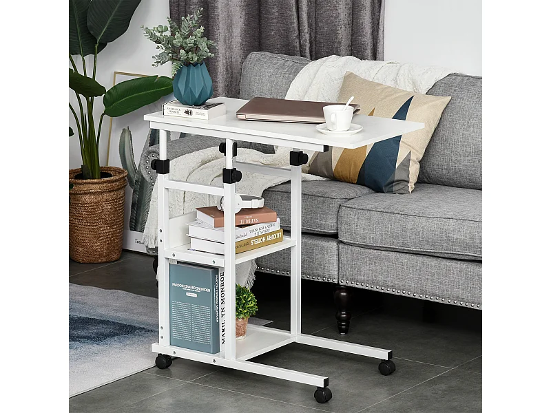 Table de lit/fauteuil - table roulante - hauteur réglable - 2 étagères intégrées - panneaux particules E1 aspect bois métal blanc