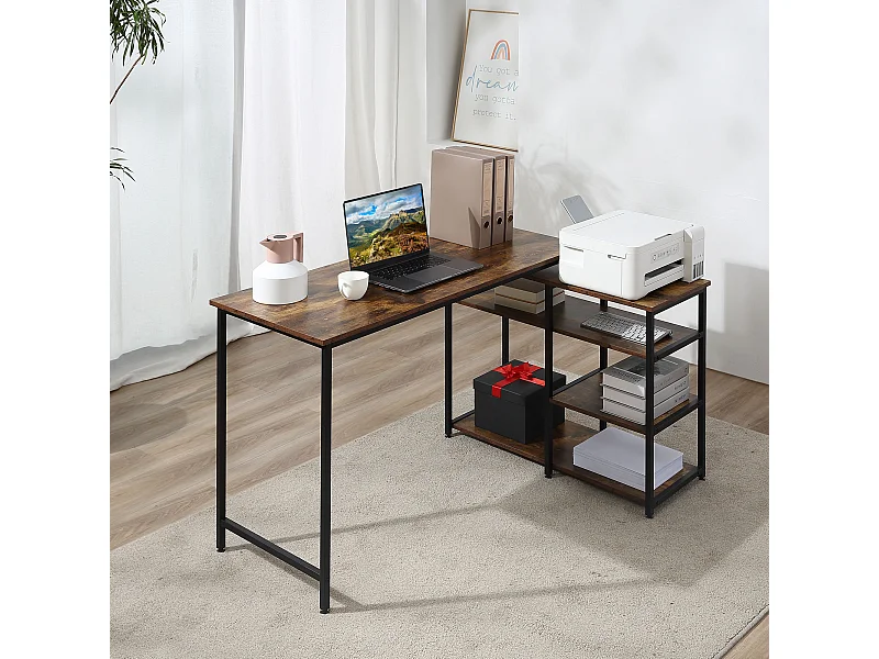 Bureau informatique design industriel bureau d'angle 3 étagères aspect vieux bois métal noir