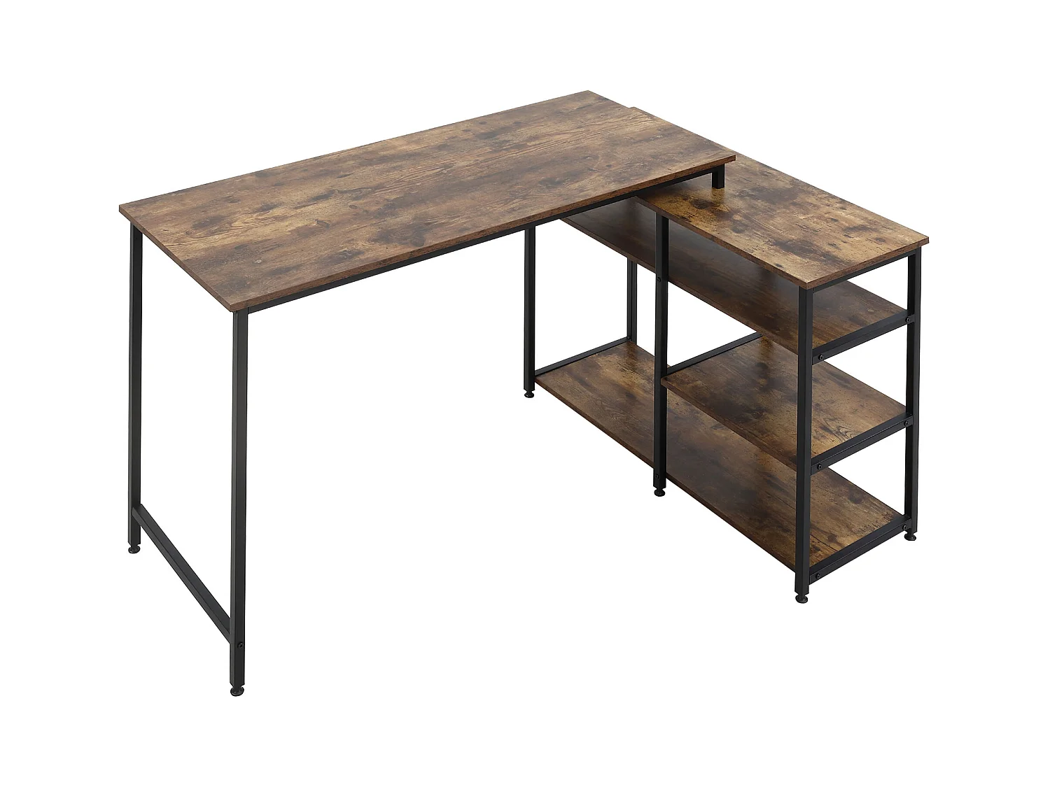 Bureau informatique design industriel bureau d'angle 3 étagères aspect vieux bois métal noir