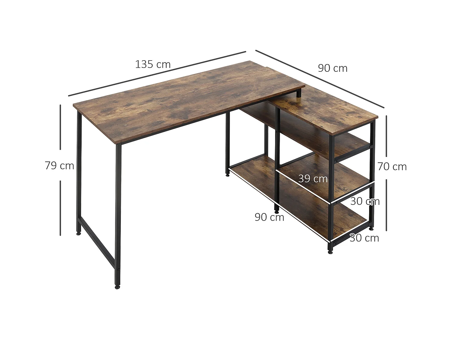 Bureau informatique design industriel bureau d'angle 3 étagères aspect vieux bois métal noir