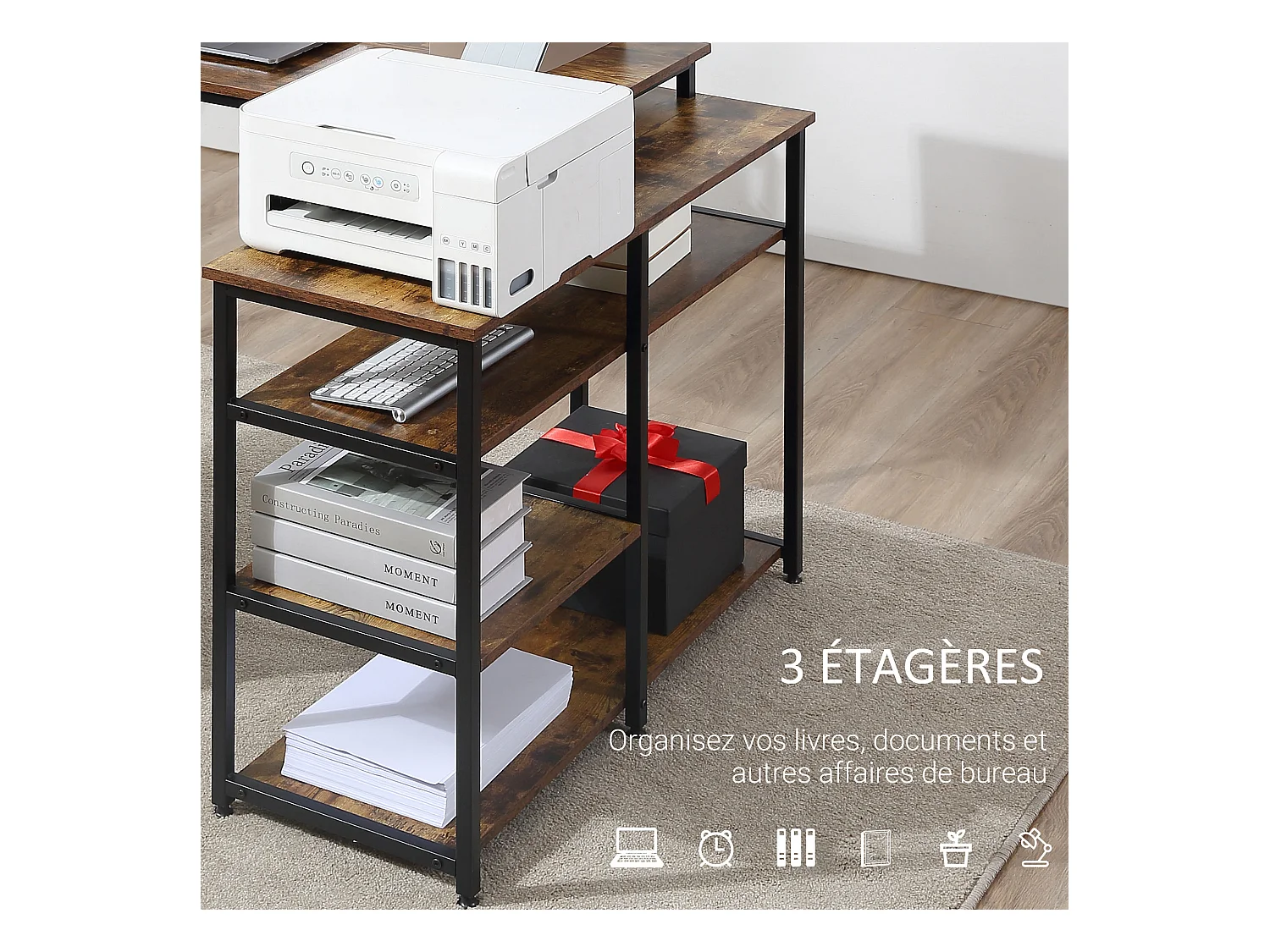 Bureau informatique design industriel bureau d'angle 3 étagères aspect vieux bois métal noir