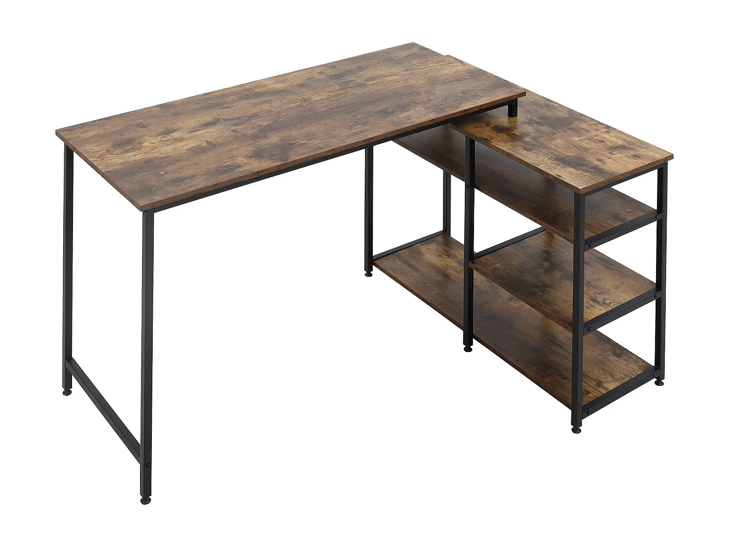 Bureau informatique design industriel bureau d'angle 3 étagères aspect vieux bois métal noir