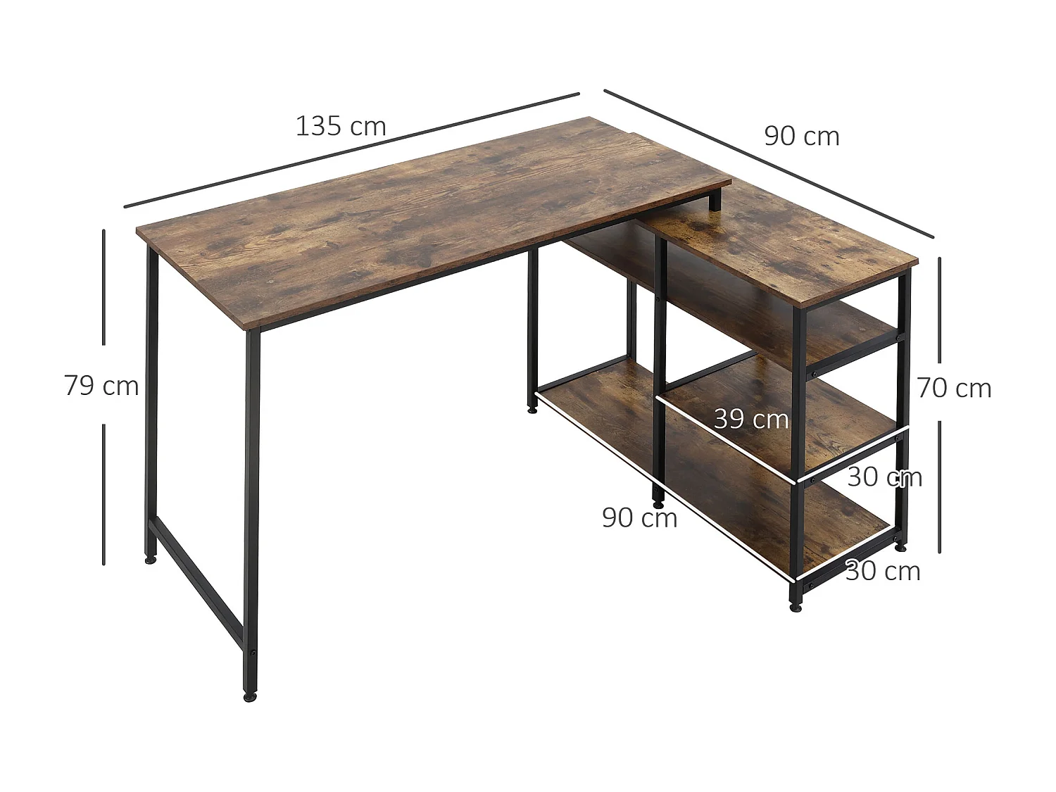 Bureau informatique design industriel bureau d'angle 3 étagères aspect vieux bois métal noir