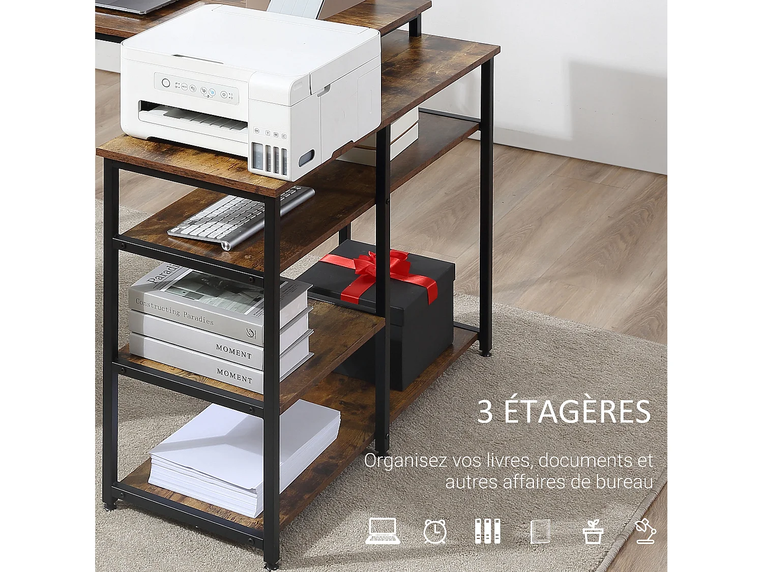 Bureau informatique design industriel bureau d'angle 3 étagères aspect vieux bois métal noir