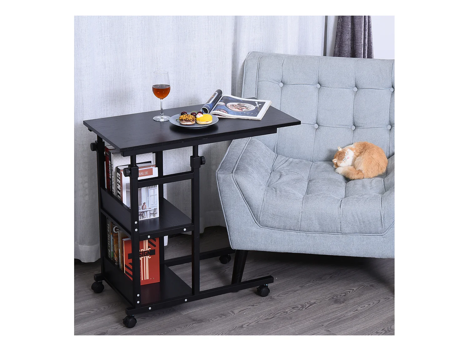 Table de lit/fauteuil - table roulante - hauteur réglable - 2 étagères intégrées - panneaux particules E1 métal noir