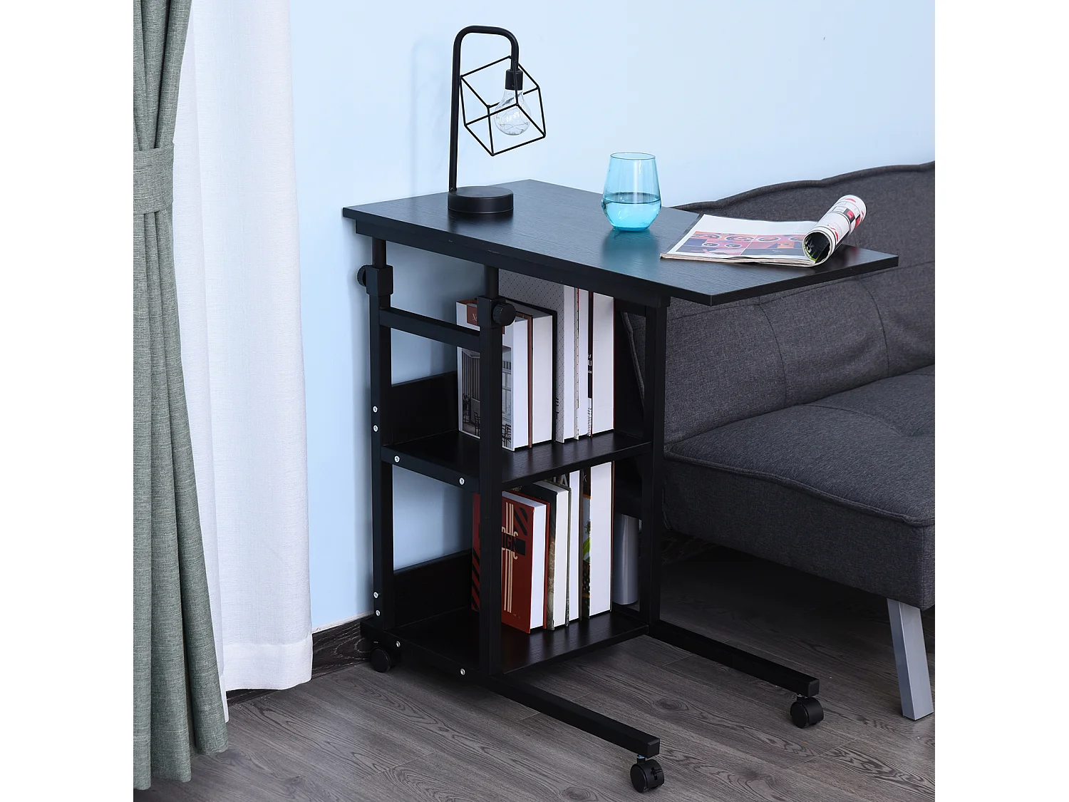 Table de lit/fauteuil - table roulante - hauteur réglable - 2 étagères intégrées - panneaux particules E1 métal noir