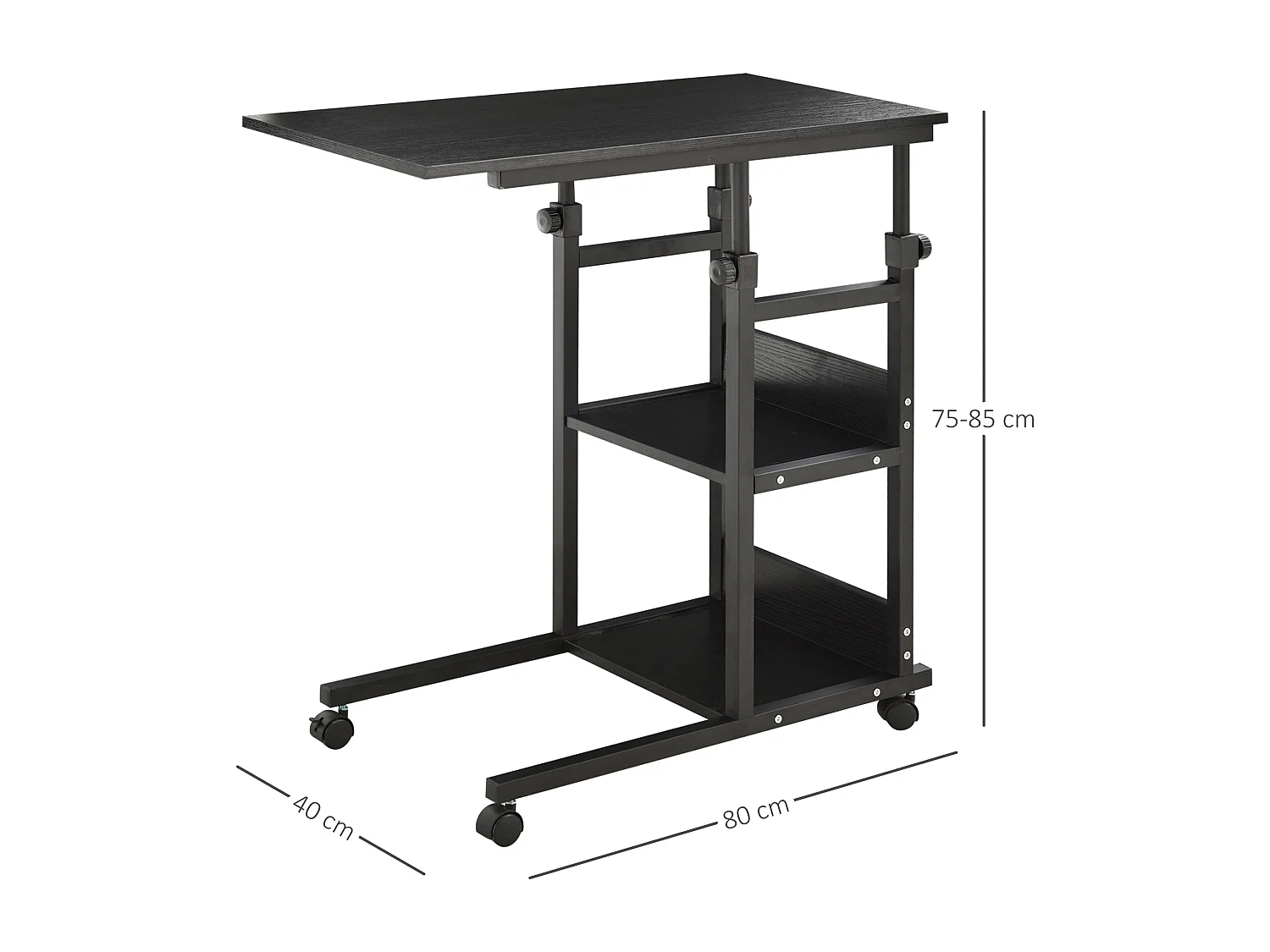Table de lit/fauteuil - table roulante - hauteur réglable - 2 étagères intégrées - panneaux particules E1 métal noir
