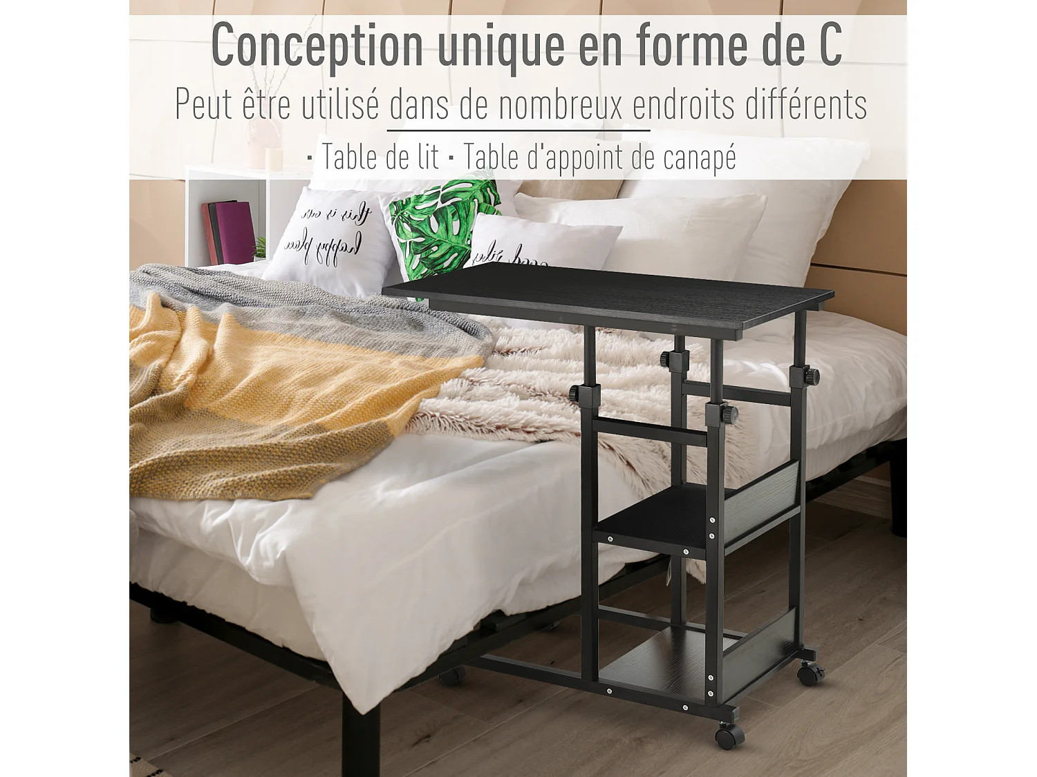 Table de lit/fauteuil - table roulante - hauteur réglable - 2 étagères intégrées - panneaux particules E1 métal noir