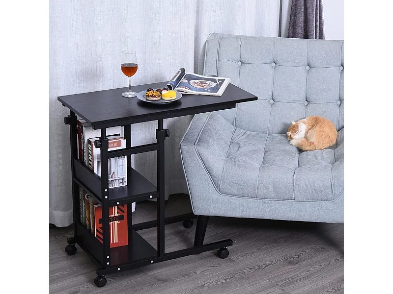 Table de lit/fauteuil - table roulante - hauteur réglable - 2 étagères intégrées - panneaux particules E1 métal noir