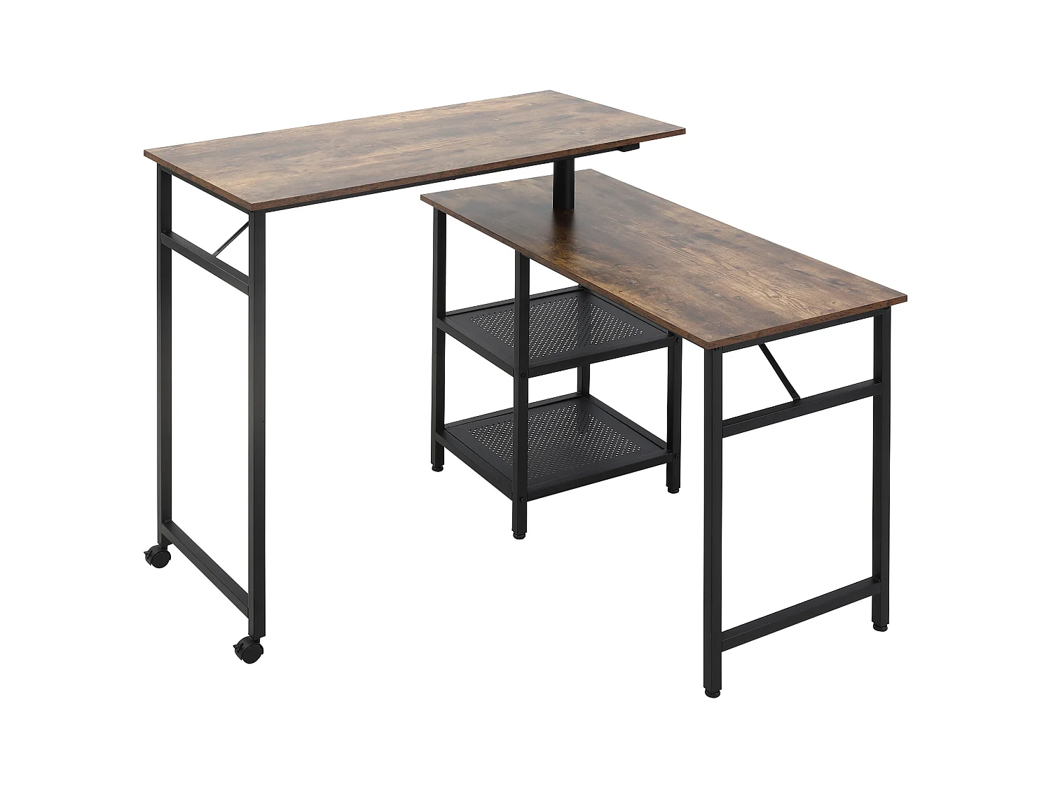 Bureau informatique design industriel modulable bureau d'angle 2 étagères aspect vieux bois métal noir