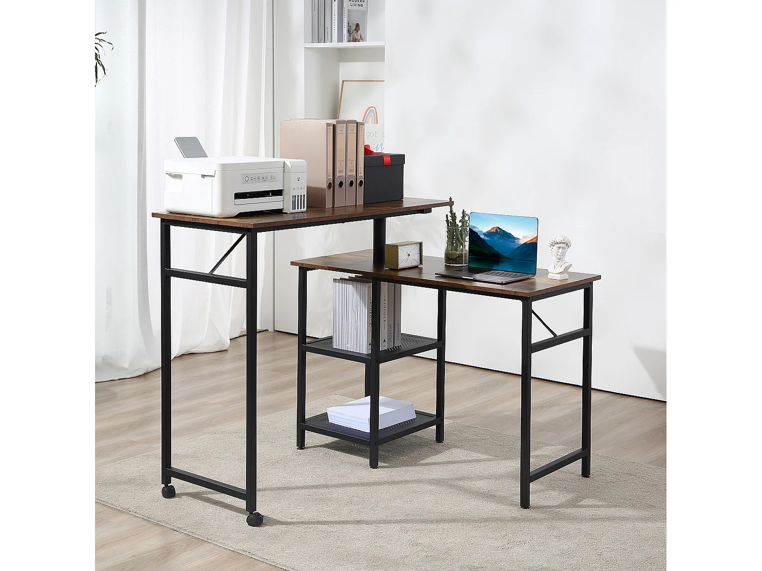 Bureau informatique design industriel modulable bureau d'angle 2 étagères aspect vieux bois métal noir