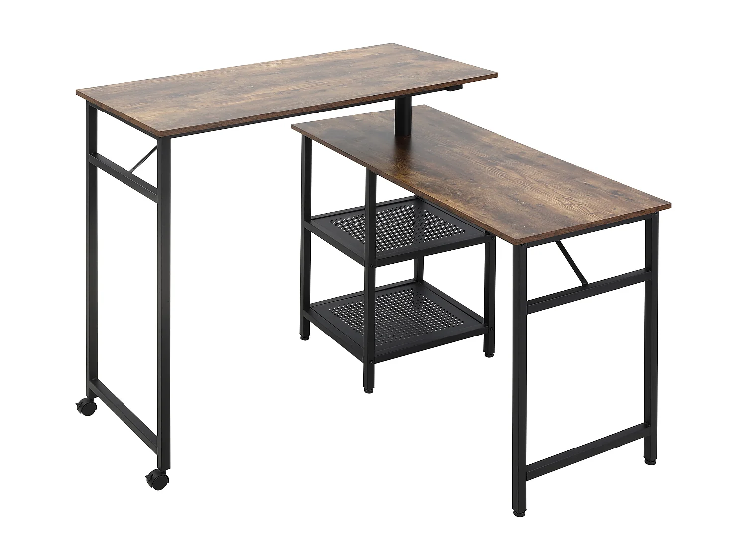 Bureau informatique design industriel modulable bureau d'angle 2 étagères aspect vieux bois métal noir