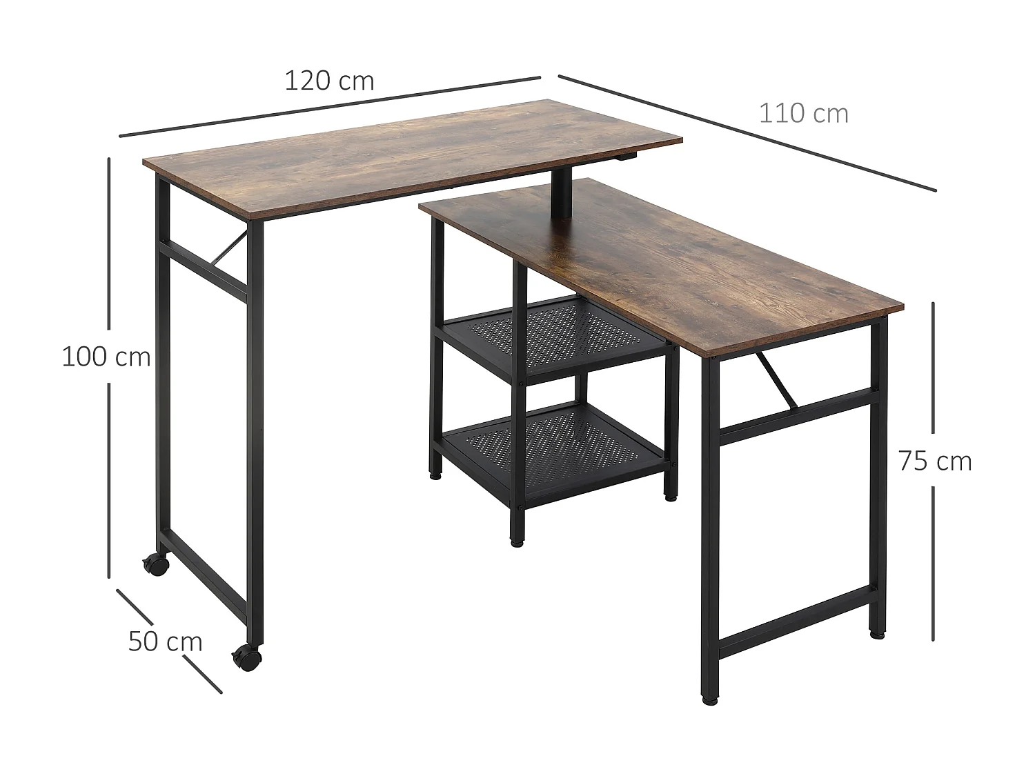 Bureau informatique design industriel modulable bureau d'angle 2 étagères aspect vieux bois métal noir