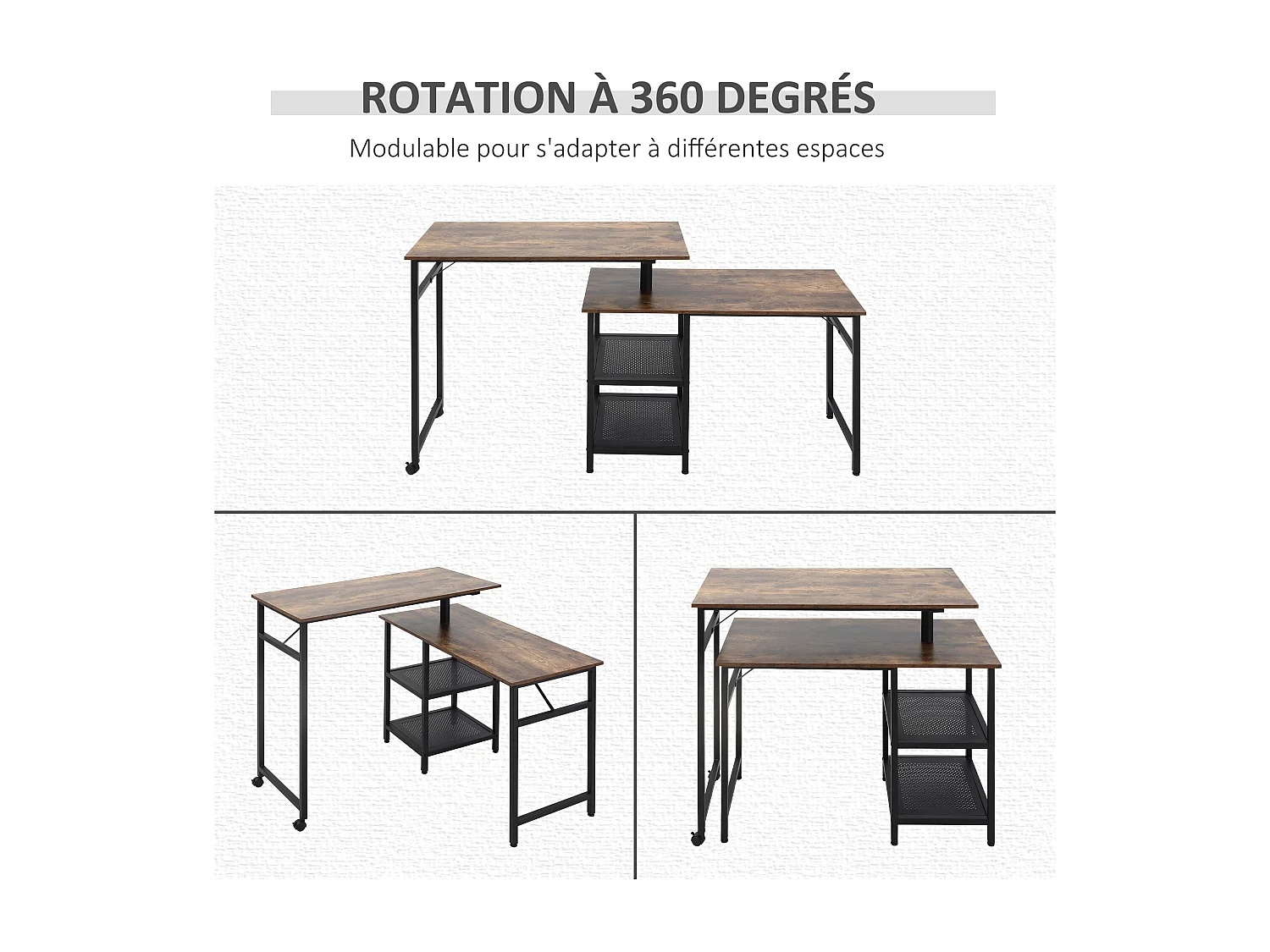 Bureau informatique design industriel modulable bureau d'angle 2 étagères aspect vieux bois métal noir