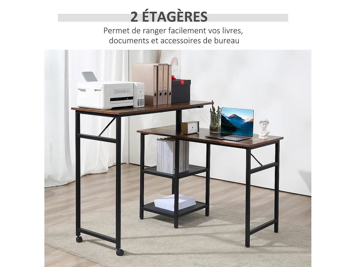 Bureau informatique design industriel modulable bureau d'angle 2 étagères aspect vieux bois métal noir