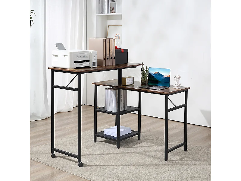 Bureau informatique design industriel modulable bureau d'angle 2 étagères aspect vieux bois métal noir