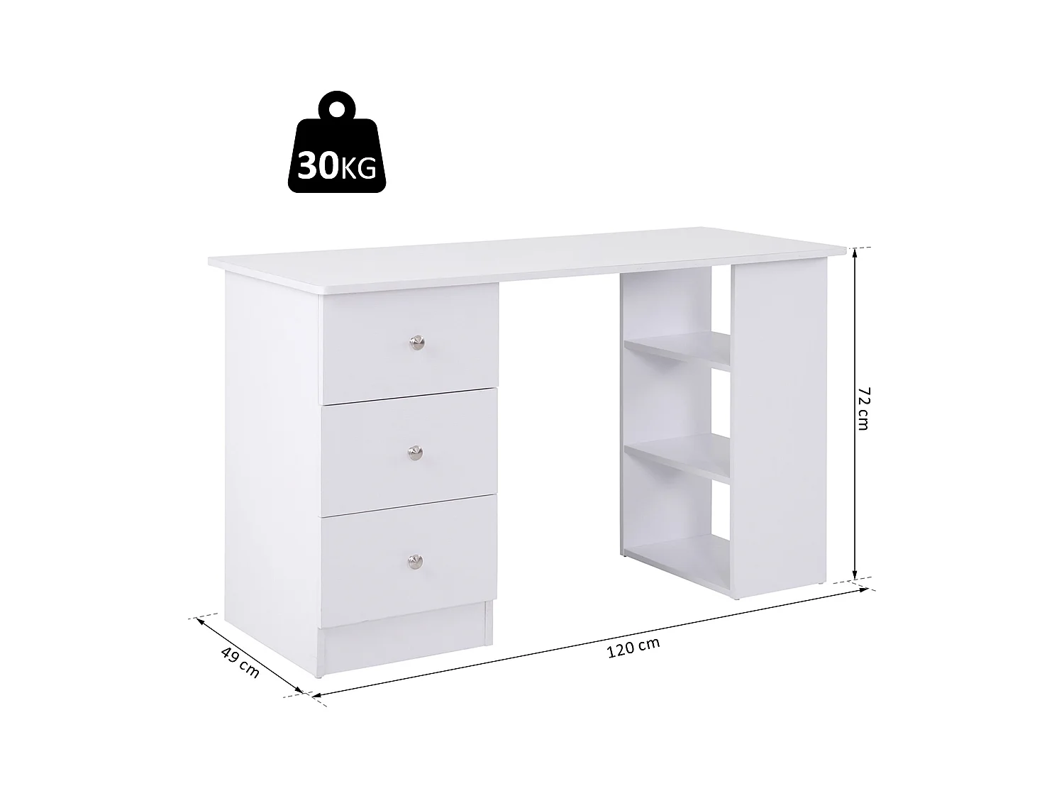 Bureau informatique multimédia multi-rangements 3 tiroirs 2 étagères 120L x 49l x 72H cm blanc