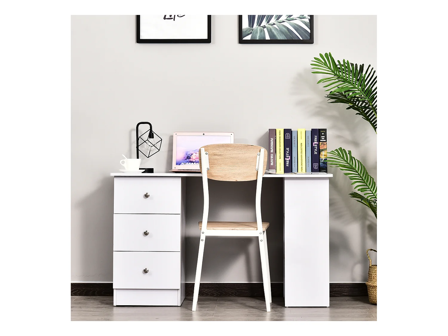Bureau informatique multimédia multi-rangements 3 tiroirs 2 étagères 120L x 49l x 72H cm blanc