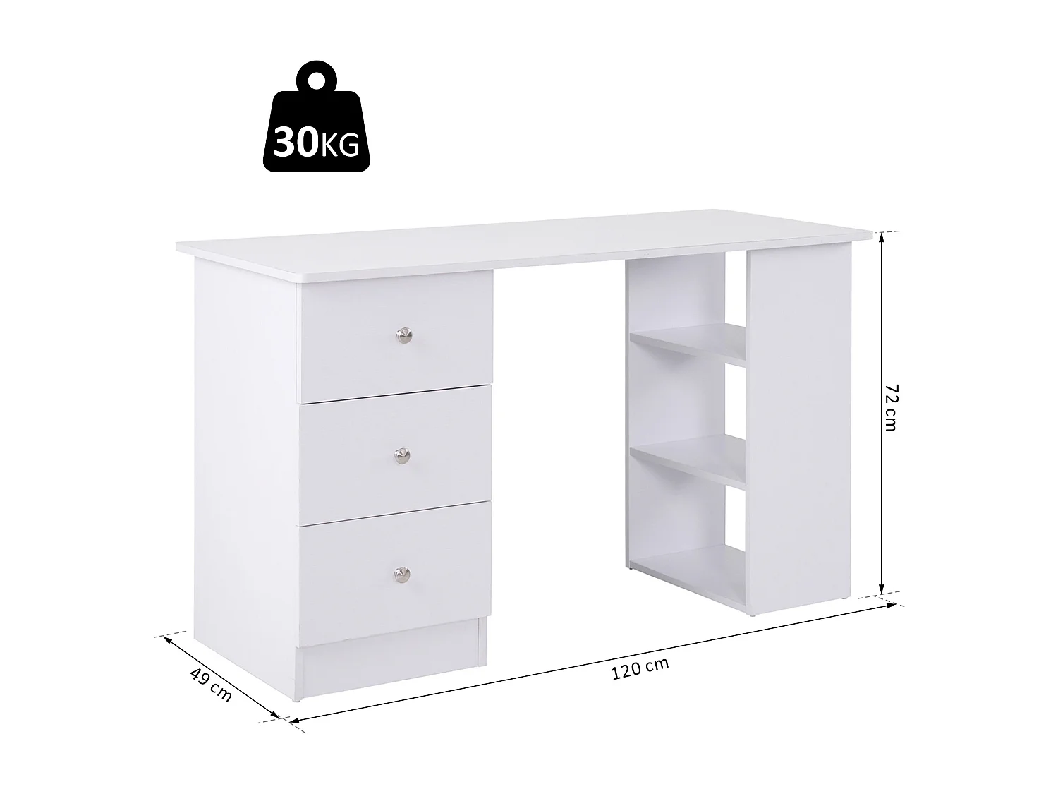 Bureau informatique multimédia multi-rangements 3 tiroirs 2 étagères 120L x 49l x 72H cm blanc