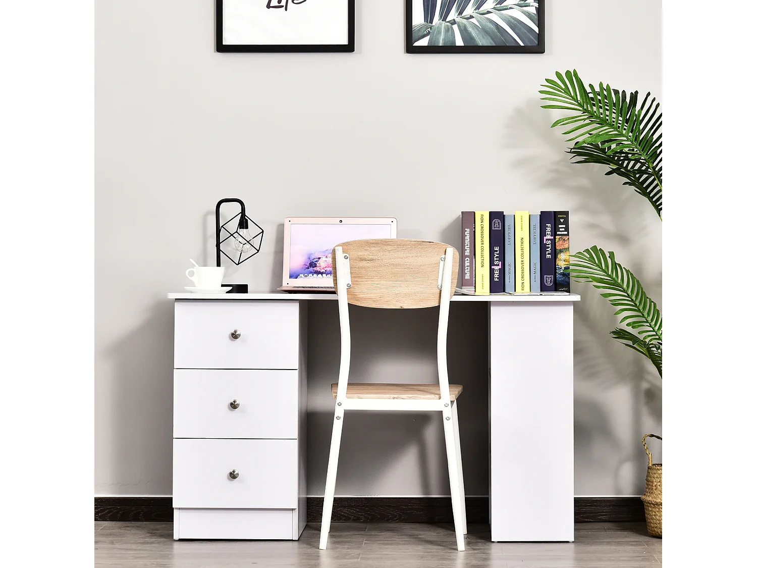 Bureau informatique multimédia multi-rangements 3 tiroirs 2 étagères 120L x 49l x 72H cm blanc